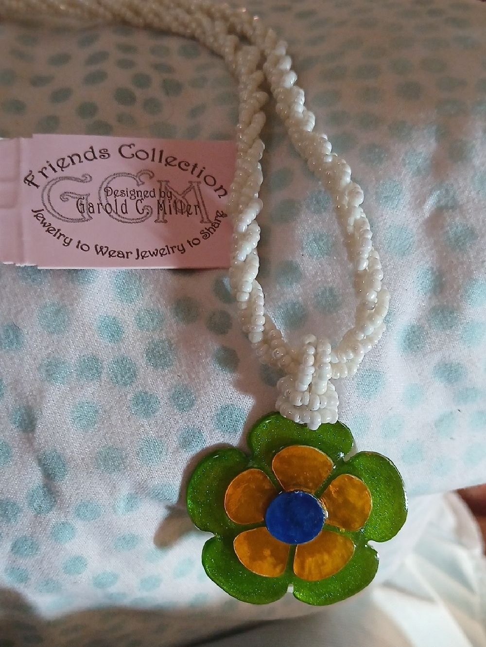 Friends Collection Beaded Necklace with Green Yellow Blue Flower Pendant